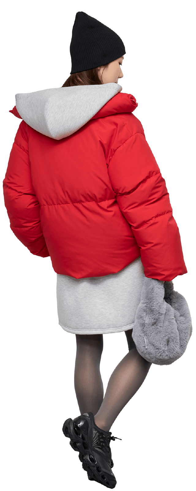 レッドのクロップドフォルムダウンのコーディネート例