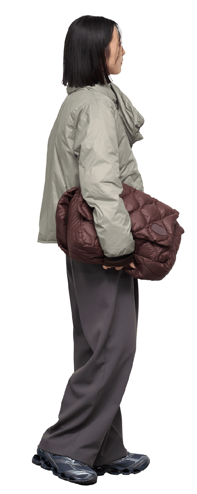 オリーブ色のemmi×TAIONリバーシブルダウンのコーディネート例