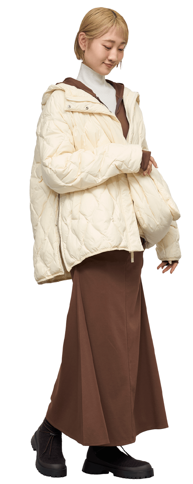 アイボリーのemmi×TAIONキルティングコートのコーディネート例