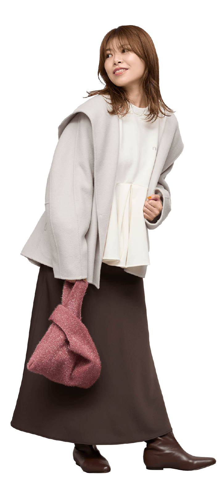 グレーベージュのロイヤルジーロン・フーデッドミドルコートのコーディネート例