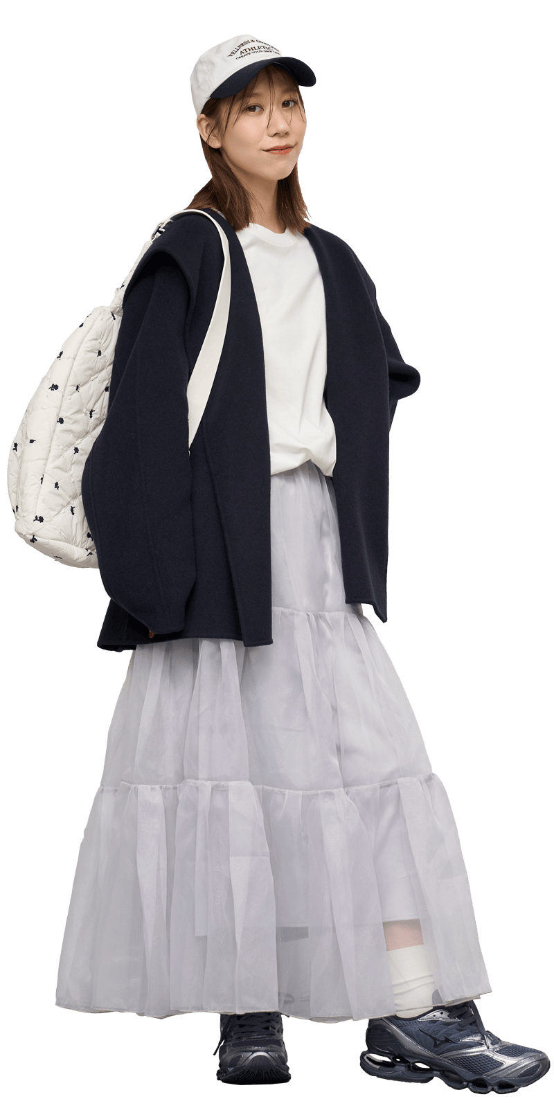 ネイビーのロイヤルジーロン・フーデッドミドルコートのコーディネート例