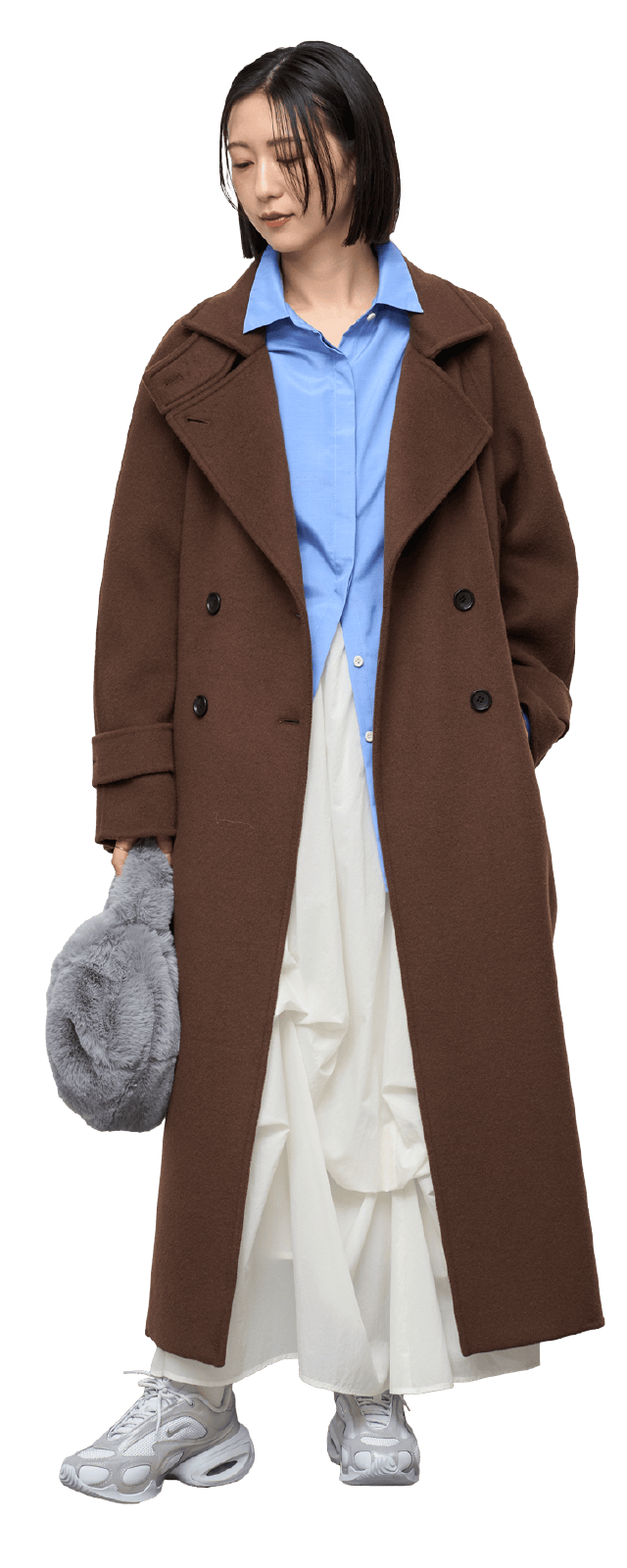 ブラウンのロイヤルジーロン・ロングコートのコーディネート例