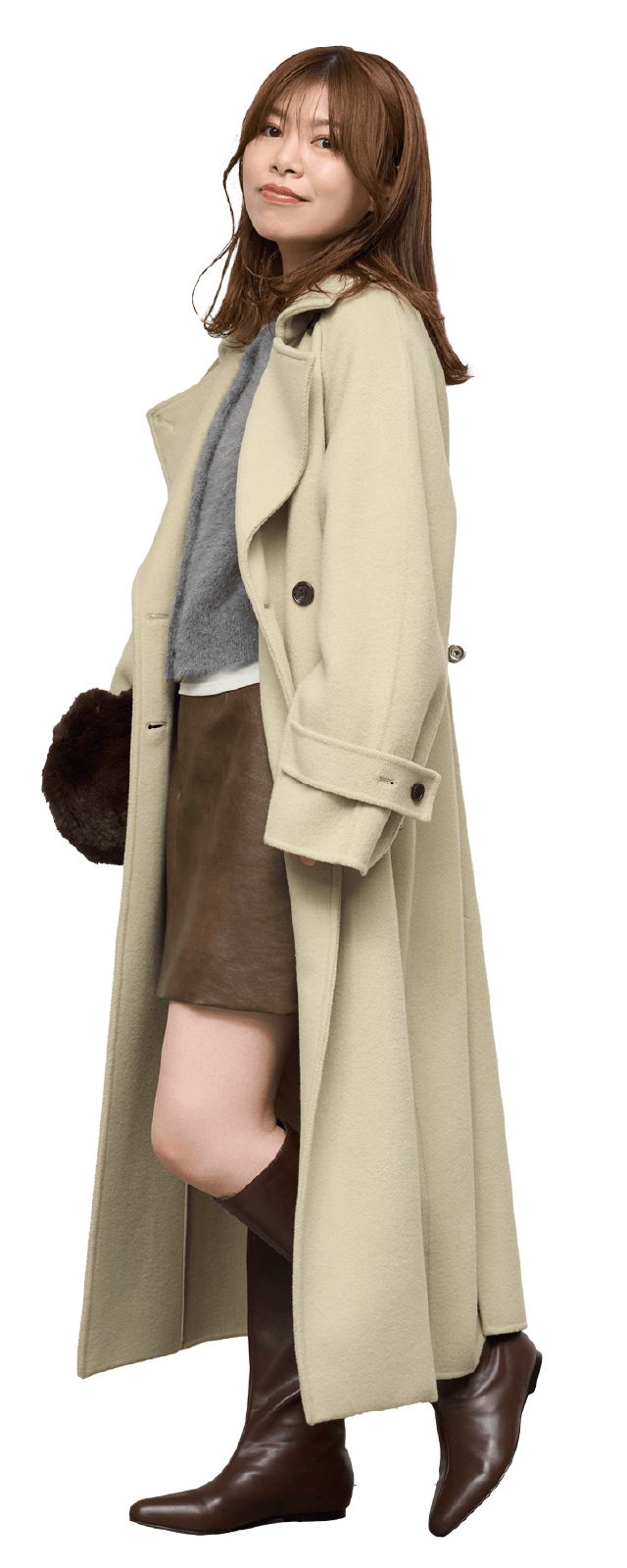 オリーブ色のロイヤルジーロン・ロングコートのコーディネート例